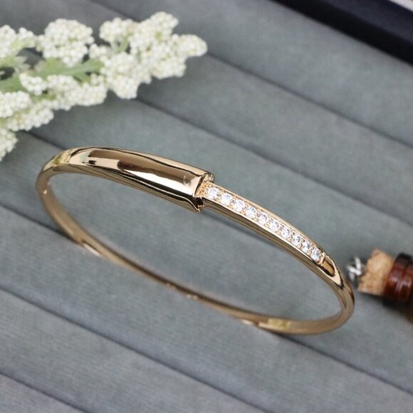 Minimalist Rose Gold Bangle with Sleek Cubic Zirconia Accent Line, XPBL0555 - Picture 1 of 12